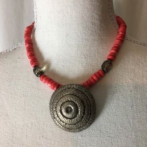 Coral bead, tribal silver pendant necklace 18”